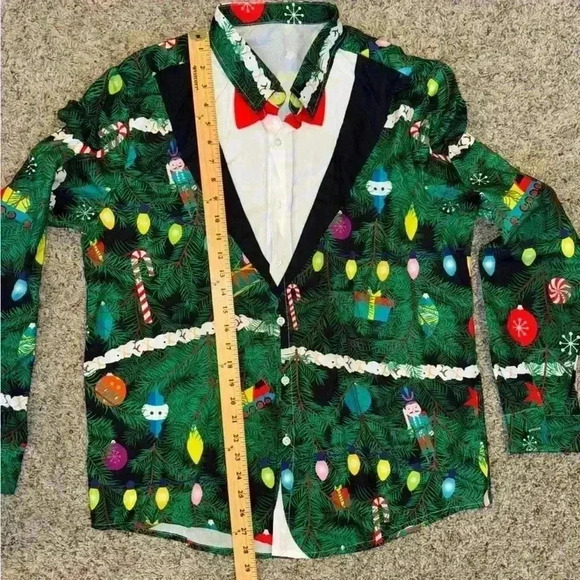 Christmas Tree Men’s Long Sleeve Button Up Shirt Size L Green Red White Black - Picture 4 of 9